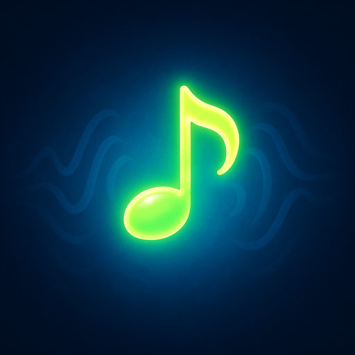 A single glowing green melody symbol in the center, surrounded by soft blue light, abstract sound waves gently radiating outward, dreamy and minimalistic background, magical atmosphere, high contrast lighting, perfect for a music-themed game, 4K, highly detailed.
In-Game asset.  2d.  High contrast.  No shadows