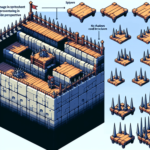 A spritesheet in sideperspectie showing various platform for a platformer game, some of them with medieval spilketraps or sets of spiked pallisades..
Single Game Texture. In-Game asset. 2d. Blank background. High contrast. No shadows.