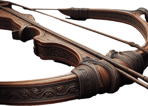 A rugged medieval bow with a wooden frame and slightly frayed string, perfect for a fantasy setting..
Game asset. Rustic and worn. Medieval fantasy style. High detail with visible wood grain.