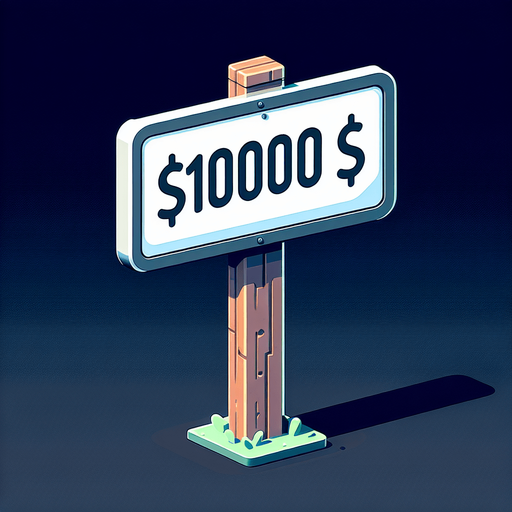 write 10000$ on a sign.
Single Game Texture. In-Game asset. 2d. Blank background. High contrast. No shadows.