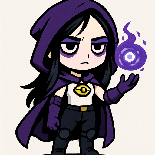 Una maga en estilo chibi/cuerpo completo. Es una joven de unos 20 años, de cabello negro largo y suelto, con piel blanca pálida y ojeras marcadas que le dan un aire misterioso. Viste una capa morada que cubre su espalda y cae con elegancia, con guantes a juego del mismo color. Su atuendo consiste en una camiseta blanca sin mangas, pantalón negro ajustado y protecciones en los codos y rodillas para un toque práctico. En el cuello lleva un collar con un amuleto en forma de ojo dorado brillante, que resalta como símbolo mágico. Su expresión es seria y enigmática, transmitiendo el aire de una hechicera experimentada a pesar de su juventud..
In-Game asset.  2d.  High contrast.  No shadows