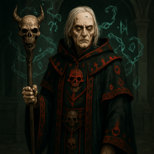 A haunted warlock in ceremonial black and crimson robes embroidered with skull patterns. Male, 56 years old, gaunt and tall, with shoulder-length white hair, sunken dark eyes glowing faint green, and sickly pale skin. He holds a staff topped with a demonic skull. Floating behind him are spectral chains and ghostly runes. The background is a cursed crypt. Realistic, highly detailed, dark arcane ambiance. realistic.
In-Game asset.  2d.  High contrast.  No shadows