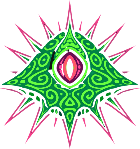 Alien mothership with spikes and glowing patterns and alien eye in middle.
In-Game asset.  2d.  High contrast.  No shadows