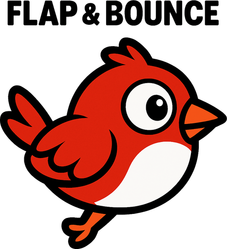 Single simple cartoon bird for a game titled "Flap & Bounce". The bird has lots red and white and is high contrast. Only bird. No shadows.
In-Game asset.  2d.  High contrast.  No shadows