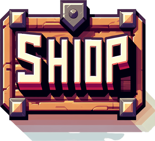 a text that is written "shop".
Single Game Texture. In-Game asset. 2d. Blank background. High contrast. No shadows.