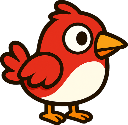 Single simple cartoon bird for a game titled "Flap & Bounce". The bird has lots red and white and is high contrast. Only bird. No shadows.
In-Game asset.  2d.  High contrast.  No shadows