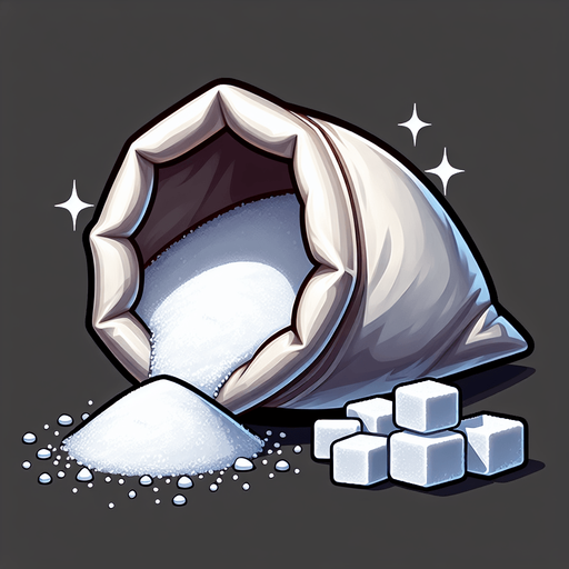 A bag of white sugar, open and with a pile of the sugar in front of it..
Single Game Texture. In-Game asset. 2d. Blank background. High contrast. No shadows.