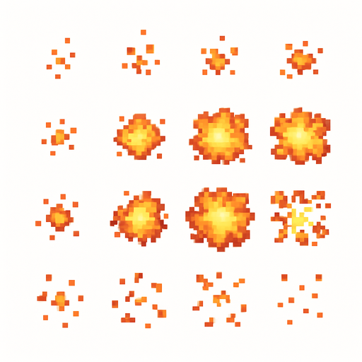Раскадровка пиксельного взрыва с видом с верху без фона.
In-Game asset.  2d.  High contrast.  No shadows