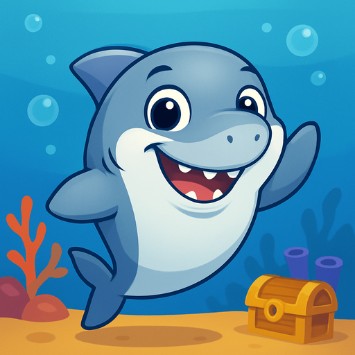 A cute cartoon-style shark character designed for a mobile game. Smooth and slightly chubby body, big round eyes with a friendly sparkle, a wide cheerful grin with small, non-scary teeth. Light gray or blue-gray color with a soft white belly. Playful pose, as if swimming happily or waving a fin. Simple colorful underwater background with bubbles, coral, or treasure chests. Joyful and friendly expression, perfect for kids. High-quality digital illustration, ideal for a children’s game..
In-Game asset.  2d.  High contrast.  No shadows. cartoon style