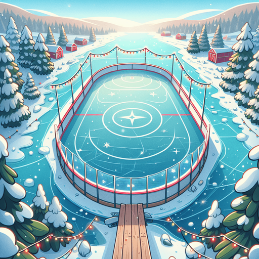 Outdoor empty frozen icy lake, Christmas decorated. View from standing at the middle of the lake looking towards shore. Cartoon. Middle of rink view.