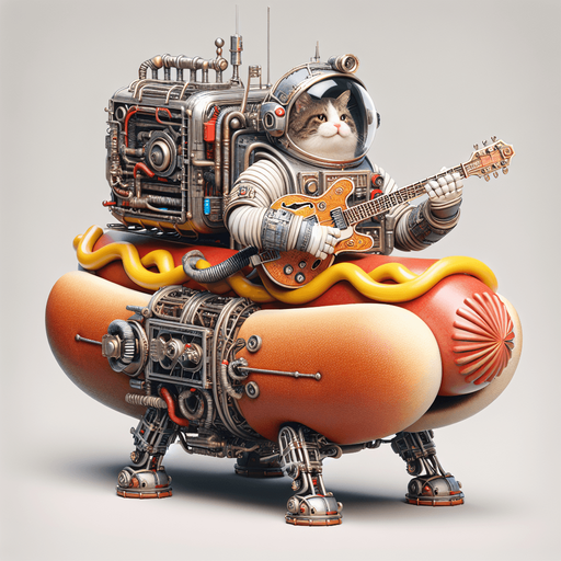 Mechanical hot dog spacecraft piloted by a cheeky, morbidly obese astronaut cat playing a fender stratocaster.
Single Game Texture. In-Game asset. 2d. Blank background. High contrast. No shadows.
