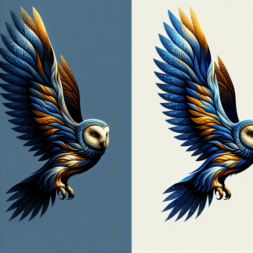 flying owl with blue gold color mix asset.
Single Game Texture.  In-Game asset.  2d.  Blank background.  High contrast.  No shadows