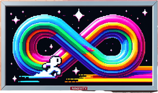 street ad billboard with the FRVR logo (multi-color infinte sign with right loop bigger than the left one) about the "Endless Runner Contest".
high definition video game sprite