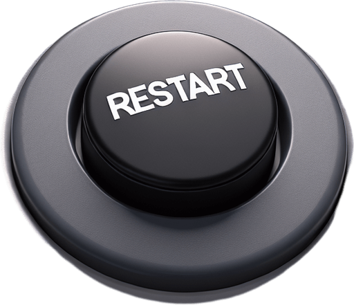 photorealistic black colored round button with restart text on grey gameboy, front view