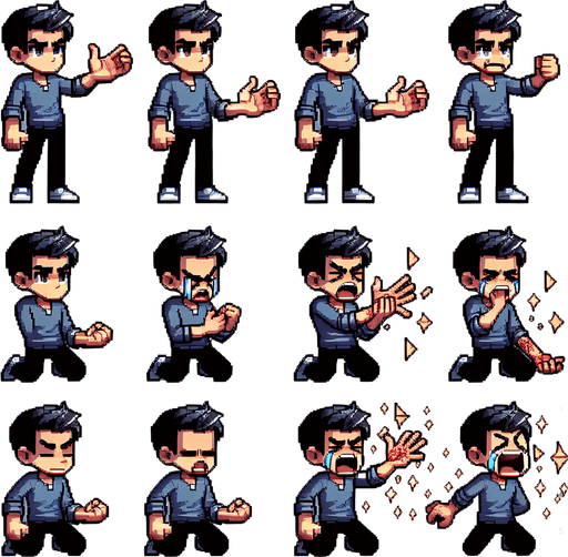 create a spritesheet of a person with his hand up, and also another sprite with his hand down with the pose as if he was breaking something, and a sprite of him crying with his injured hand. also make a sprite of him with his mouth open.. Single Game Texture. In-Game asset. 2d. Blank background. High contrast. No shadows.
Single Game Texture.  In-Game asset.  2d.  Blank background.  High contrast.  No shadows
