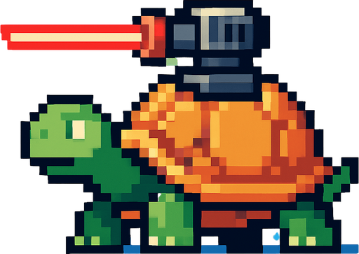 a turtle with a laser on her shell, pixel art.
In-Game asset.  2d.  High contrast.  No shadows