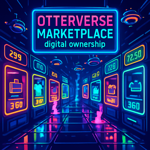 Create a cyber-bazaar corridor lined with glowing vendor pods and digital price tags flickering in neon. A large holoscreen banner reads ‘Otterverse Marketplace - digital ownership’ Include floating ad drones, steam jets from vents, and reflective floor panels—no visible characters or coins..
In-Game asset.  2d.  High contrast.  No shadows
