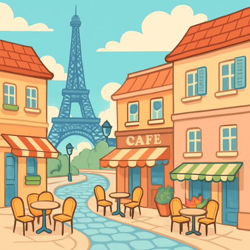 A charming cartoon-style Paris street scene with the Eiffel Tower, cobblestone roads, and café tables. Soft colors and romantic ambiance. Designed for an accordion-themed music game. Export as wide PNG..
In-Game asset.  2d.  High contrast.  No shadows