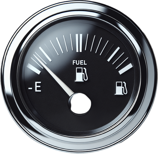 Black fuelindicator no-gauge, with chrome round frame, white levelindicators, front view.