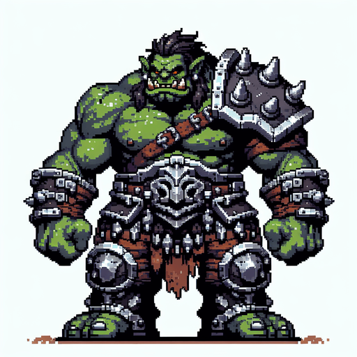 create me a big furious goblin with armor 2d and pixel.
Single Game Texture. In-Game asset. 2d. Blank background. High contrast. No shadows.
