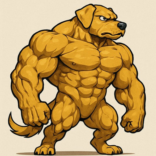 Golden dog with blue eyes that is SOO BUFF that he looks so cool and he scares everyone away. full body. Facing right.
2d.