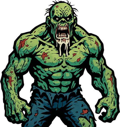 bana büyük bir zombi yap ama yine ağızında salyalar olsun dağınık olsun ve güçlü dursun.
In-Game asset.  2d.  High contrast.  No shadows