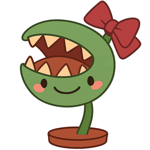 Its a plant that has a mouth in the top of her head and she has a bow on her head
. No background. Transparent background. Blank background. No shadows. 2d. In-Game asset. flat