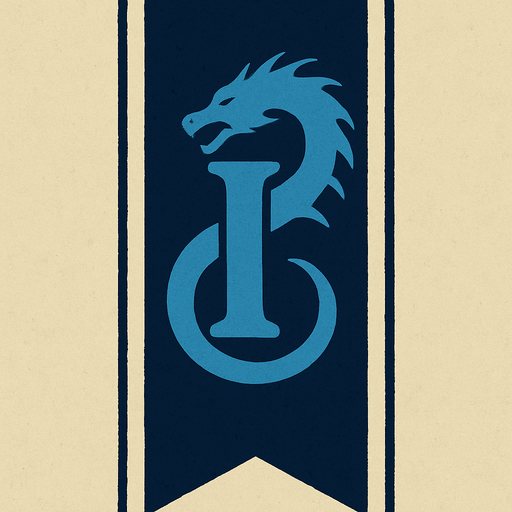 bandera larga con un simbolo de una i azul con un dragon al lado
e el diseño d ela i.
In-Game asset.  2d.  High contrast.  No shadows