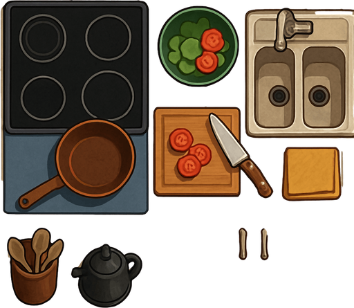 Mutfak - üstten görünüm - gerçekçi - yazısız.
In-Game asset.  2d.  High contrast.  No shadows