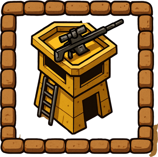 Top view of an Yellow defense Military tower Sniper, in the desert, the image has a square border outlined by military defense Brown sandbags.
In-Game asset.  2d.  High contrast.  No shadows