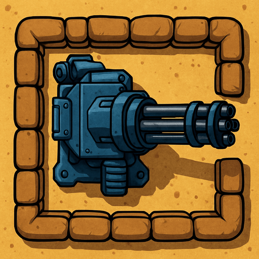 Top view of an blue defense Military tower large Minigun Machinegun in the desert, the image has a square border outlined by military defense Brown sandbags.
In-Game asset.  2d.  High contrast.  No shadows