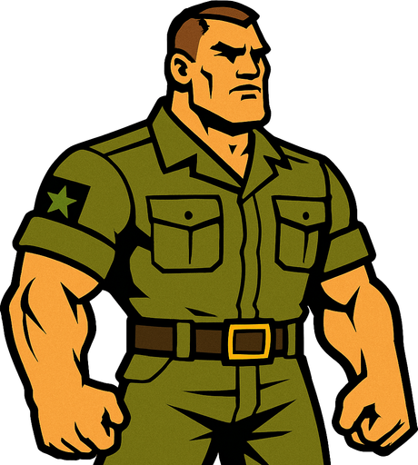 2d strong man wearing a uniform of military without helmet and looking strong.
In-Game asset.  2d.  High contrast.  No shadows