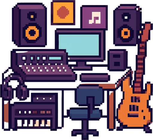 Music studio pixel.
In-Game asset.  2d.  High contrast.  No shadows