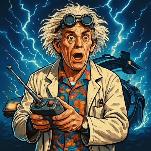 A realistic digital portrait of an eccentric elderly scientist with wild, white, frizzy hair and expressive eyebrows, wearing retro-futuristic goggles on his forehead, a white lab coat over a colorful 1980s shirt, and holding a futuristic remote control device. The background features a glowing DeLorean time machine with lightning and sparks. The character looks surprised and excited, with wide eyes and a dramatic pose. Cinematic lighting, hyper-detailed, 4K resolution, concept art style, inspired by 1980s sci-fi movies..
In-Game asset.  2d.  High contrast.  No shadows