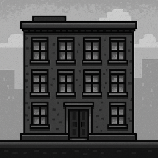 City building 2d game long and grey with windows.
In-Game asset.  2d.  High contrast