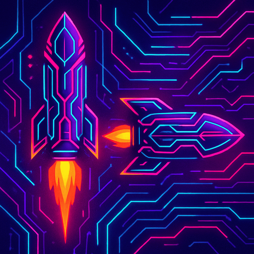 Pack of cyber rocket shot assets. small fire on the back. mixed cyberpunk + abstract lines. Vertical rocket going up. Horizontal rocket going right. No diagonal rocket. HD colors
In-Game asset.  2d.  High contrast.  No shadows.