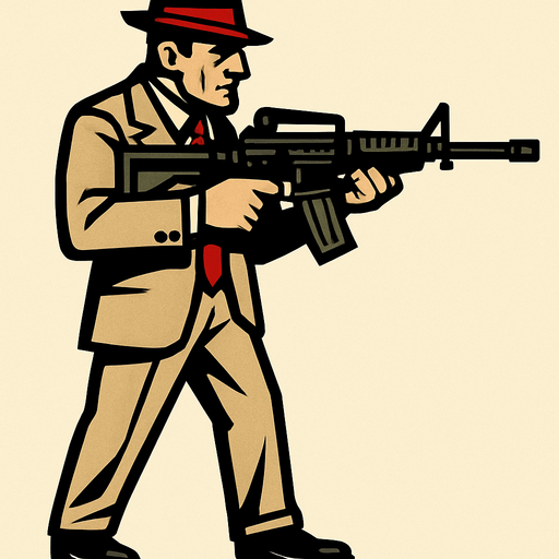 un mafioso italiano usando un m4 con la perspectiva lateral de cuerpo completo
In-Game asset.  2d.  High contrast.  No shadows