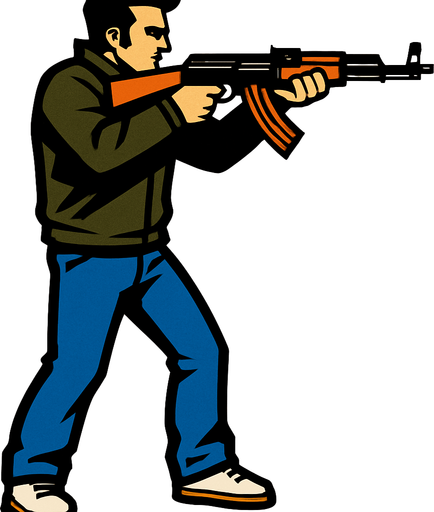 claude speed de gta 3 apuntando con una ak47 desde una perspectiva lateral de cuerpo completo
In-Game asset.  2d.  High contrast.  No shadows