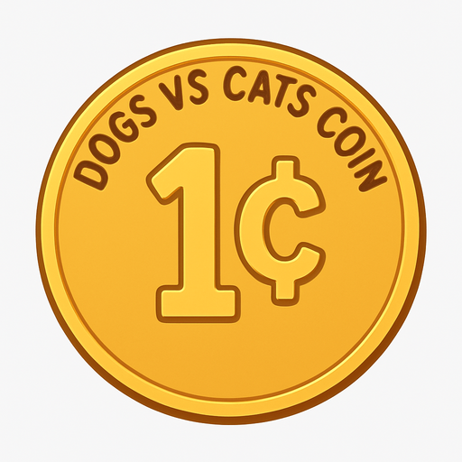 A golden shining coin with the words “dogs vs cats coin” at the top and the coin says “1¢” . No background. Transparent background. Blank background. No shadows. 2d. In-Game asset. flat