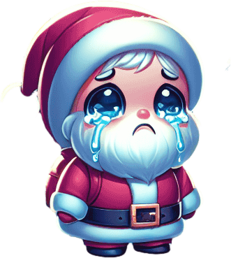 A sad landscape with santa's house, pines, snow, mountains in the back, at night. A cute sad santa crying with big tears in the front. clean feeric style. Background image. 2d. Blank background. Color. High contrast. No shadows.