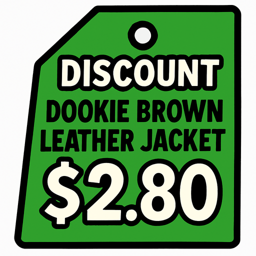 green price tag that says discount Dookie Brown Leather Jacket $2.80.
In-Game asset.  2d.  High contrast.  No shadows