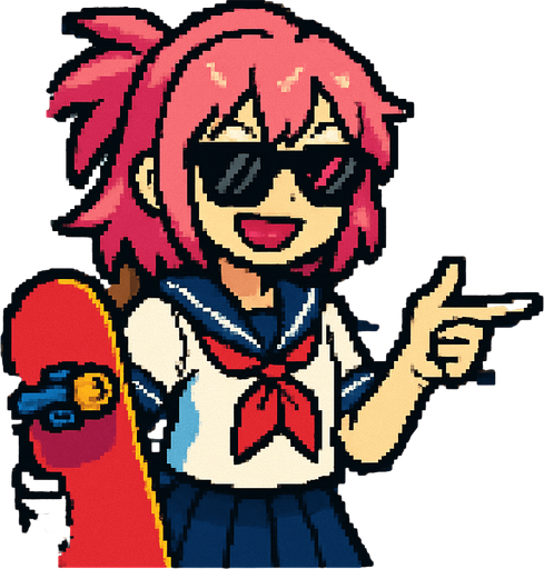 She’s a cute anime girl with a free-spirited and rebellious vibe. Her hair is pink, and she’s wearing a traditional Japanese school uniform (sailor fuku). She sports dark sunglasses and holds a skateboard in one hand while pointing with the other. Her face lights up with a big smile and mischievous pink eyes that match her hair. In the background, there's a Japanese classroom, and the entire artwork is done in Pixel Art style..
In-Game asset.  2d.  High contrast.  No shadows
