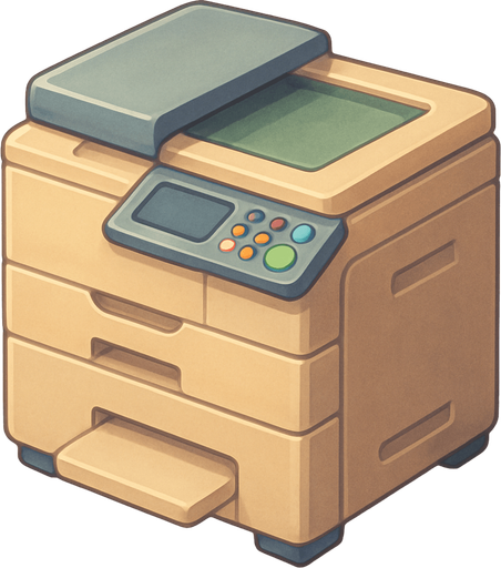 A copy printer. Cute soft graphics. soft ambient light. semi-matte to satin surfaces. naturalistic with slight saturation boost colors. 
In-Game asset.  2d.  High contrast.  No shadows. top down..
In-Game asset.  2d.  High contrast.  No shadows