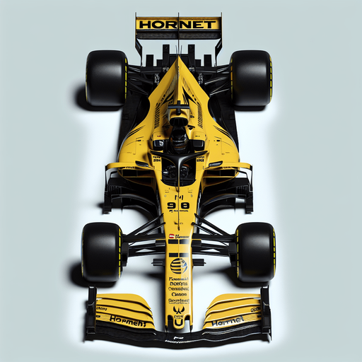 F1 race car from 2001. Yellow body with black sponsors and hornet logos with MasterCard sponsor. TOP VIEW!.
Single Game Texture. In-Game asset. 2d. Blank background. High contrast. No shadows.