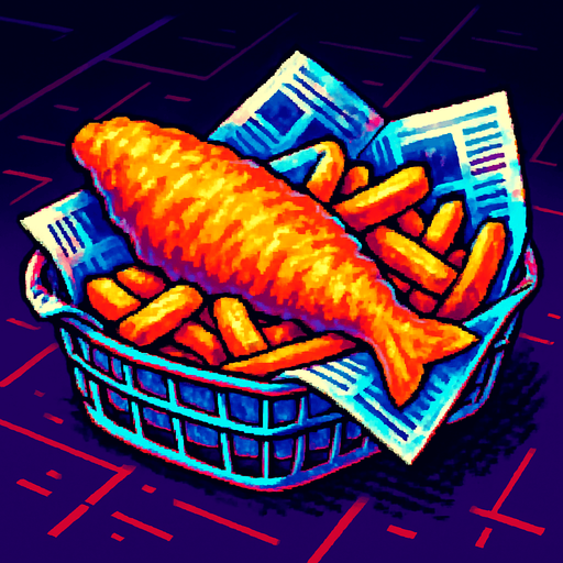 Cooked fish and chips in a newspaper lined basket. Side view. 80s arcade machine graphics..
In-Game asset.  2d.  High contrast