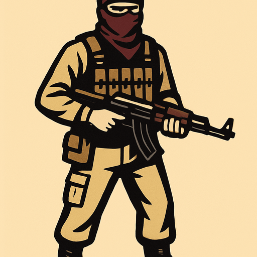 create me a terrorist soldier for the enemy.
In-Game asset.  2d.  High contrast.  No shadows