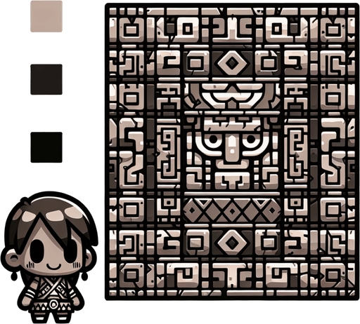 chibi inca aztec wall pattern.
Single Game Texture.  In-Game asset.  2d.  Blank background.  High contrast.  No shadows