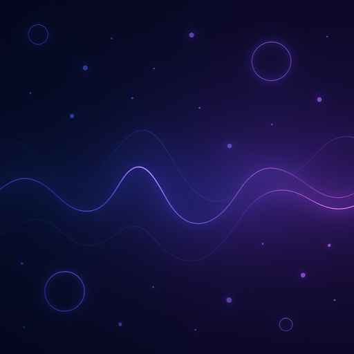 Design a seamless looping 2D abstract background for a rhythm-based game.
Color palette: dark blue, black, soft purples — with faint neon pulses.
Include soft gradients, subtle waveform lines, and floating particles or rings.
The background should feel immersive and reactive, but not distract from gameplay elements.
Style: futuristic, ambient, minimalistic digital art.
No characters or sharp objects.
Ideal for side-scrolling or freely moving 2D rhythm gameplay..
In-Game asset.  2d.  High contrast.  No shadows