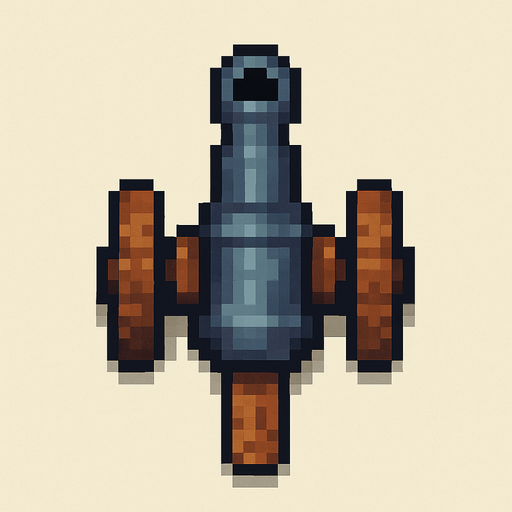 savaş topu. üstten görünüm. yukarıdan görülüyor. Tek Oyun Dokusu. Oyun içi varlık. 2d. Boş arkaplan. Yüksek kontrast. Gölge yok. pikselli. 8 bit