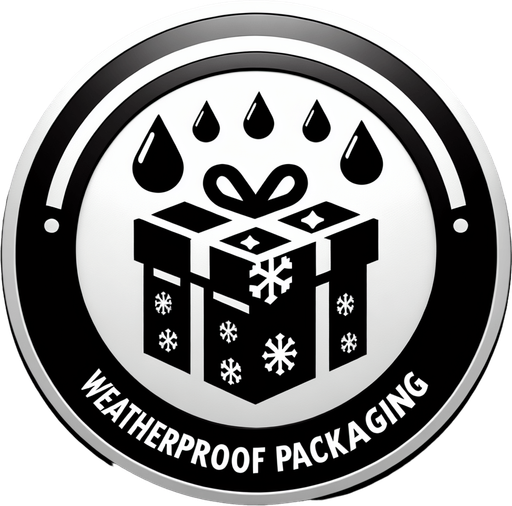 icon of a weatherproof christmas present flying in the sky, on a circle, cartoon. With the text: "weatherproof packaging" Single Game Texture. In-Game asset. 2d. Blank background. High contrast. No shadows.
